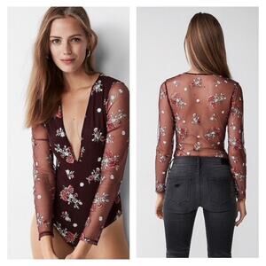 Express‎ Mesh Floral Embroidered Plunging V Neck Bodysuit XS